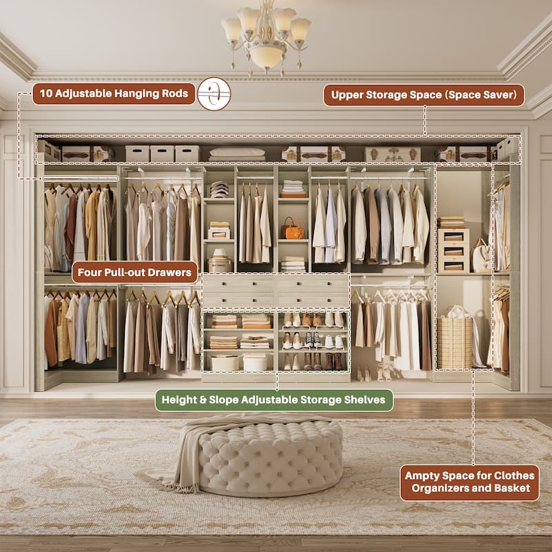 Set of 4 U-Shaped Closet Organizer System with Wood Drawers, Amoire Wardrobe with Shoe Racks