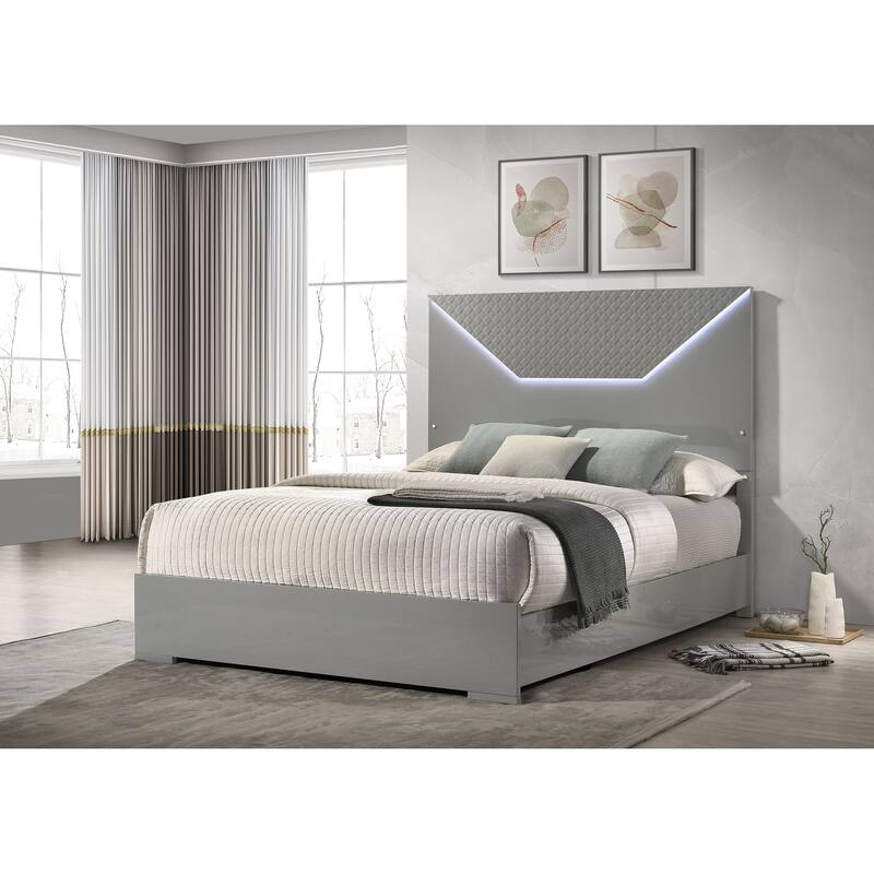 Pierce Queen Panel Bed LED Headboard - Grey High Gloss