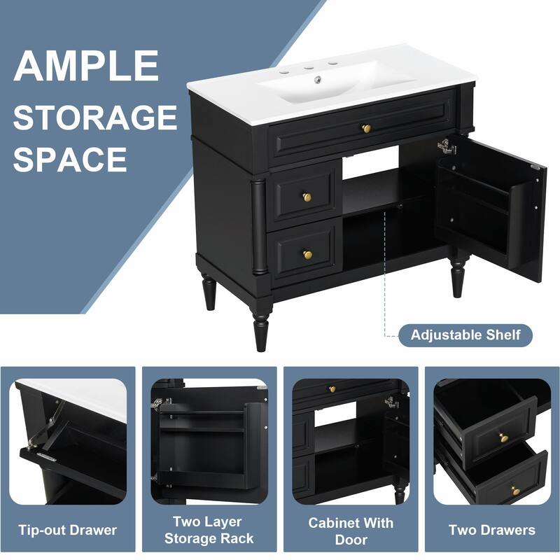 36" Bathroom Vanity with Sink, Freestanding Bathroom Cabinet with Ceramic Basin, Flip Drawer