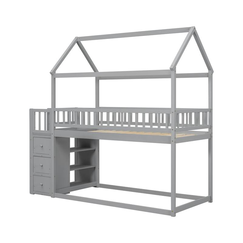 Twin/Twin House Bunk Bed with Shelves and Drawers