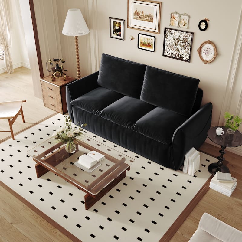 Velvet Loveseat Daybed, Pull Out Sofa Bed with Blanket Set, 3-Seat Convertible Sleeper Sofa with 2-in-1 Pillow