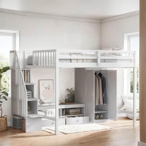 slide 2 of 14, Multi-Functional Full Size Loft Bed Frame with Wardrobe, Low Storage Table and Storage Staircase, Health & Safe, White White
