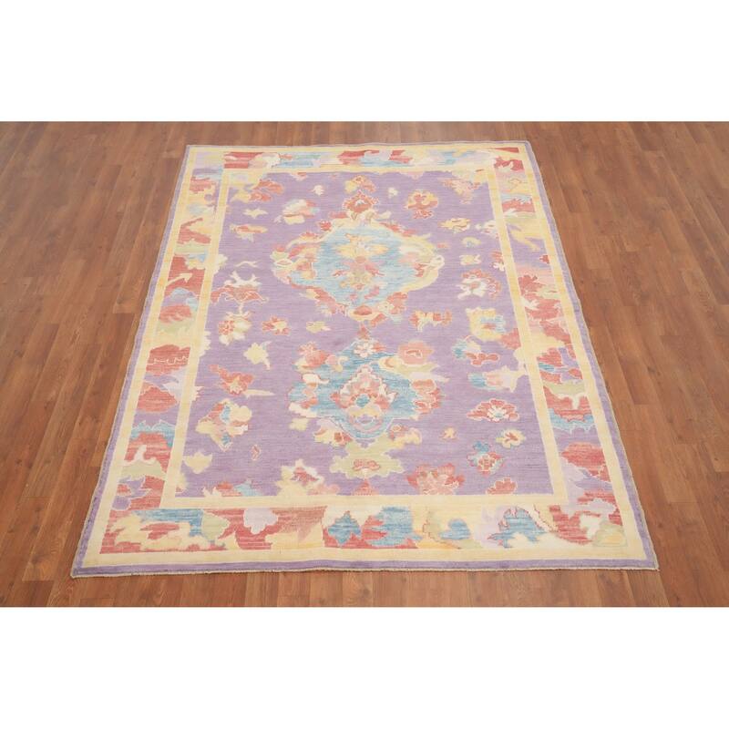 Hand Knotted Oriental 100% Wool Carpet Transitional Floral Purples Oushak Area Rug - 6' 8'' X 5' 1''