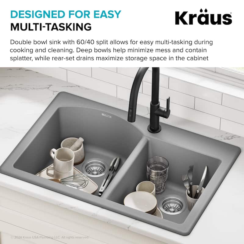 KRAUS Forteza Granite 33 inch 60/40 Undermount Drop-in Kitchen Sink