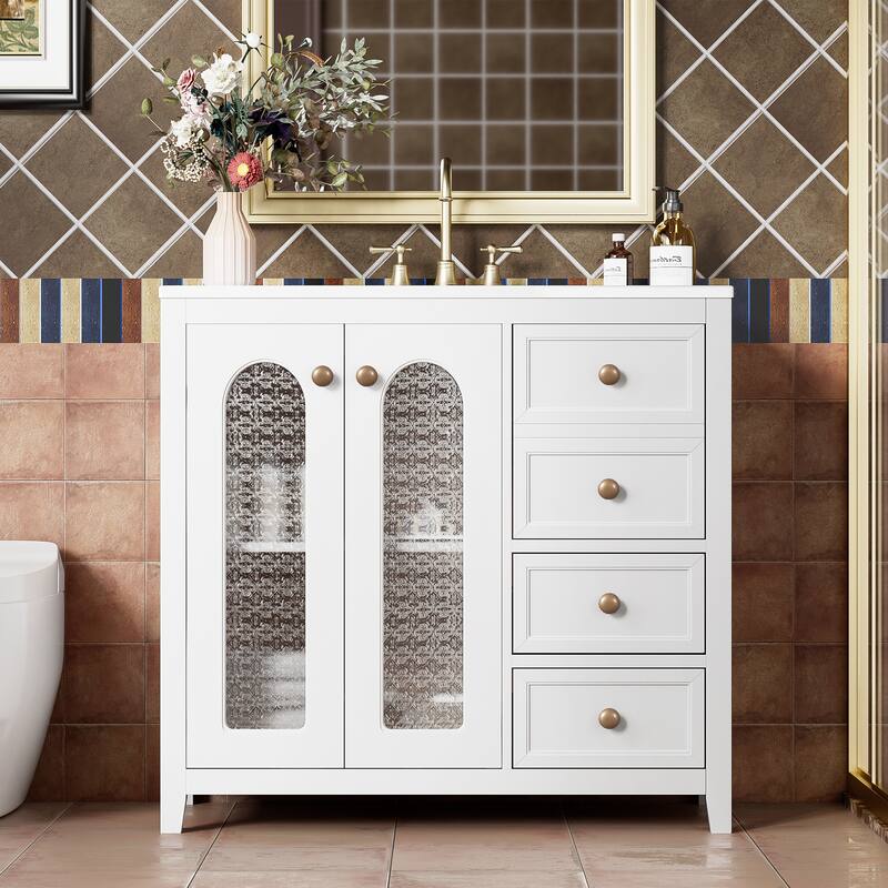 36" Bathroom Vanity with Adjustable Shelves - 3 Drawers & Soft-Close Doors Storage Cabinet - White