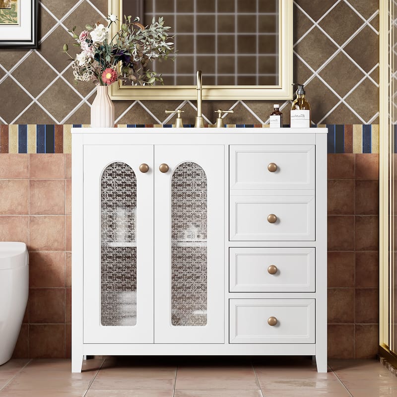 GDFStudio - Terra 36" Bathroom Vanity with Ceramic Sink, 2 Soft-Close Galss Doors, Shelves & 3 Drawers