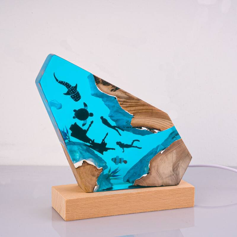Shark Diver and Ocean Resin Wood Lamp, Ambient Night Light - Blue