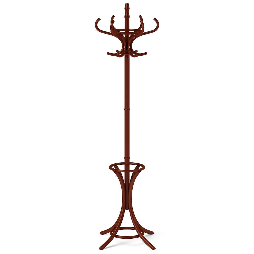 Brown Freestanding Wooden Coat Rack with Umbrella Stand and 12 Hook Organizer for Hallway or Bedroom