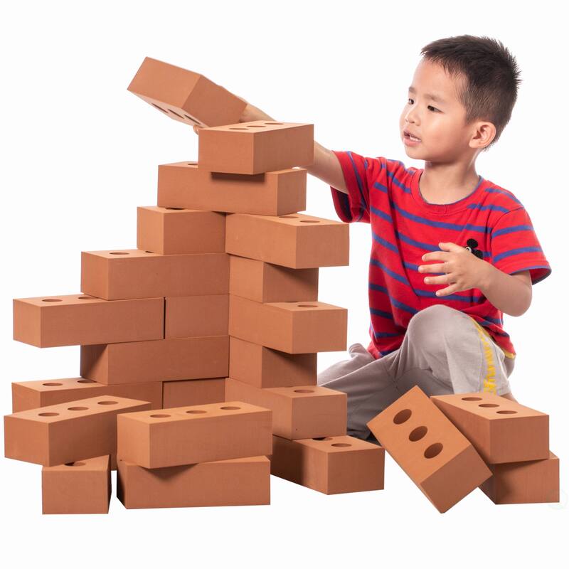 Construction Stacking Building Red Brick Block, Rectangle Foam Kids Pretend Play Creativity Toy, 25 Pack