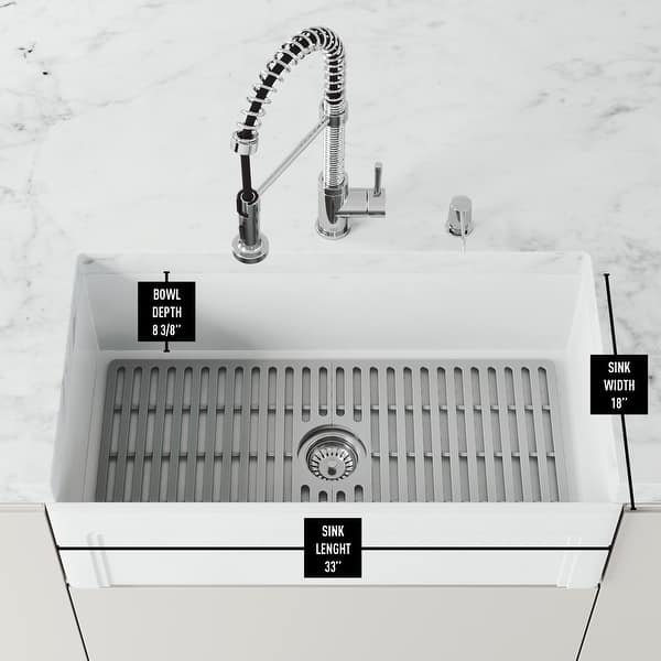 dimension image slide 4 of 7, VIGO White Casement Front Matte Stone Farmhouse Kitchen Sink