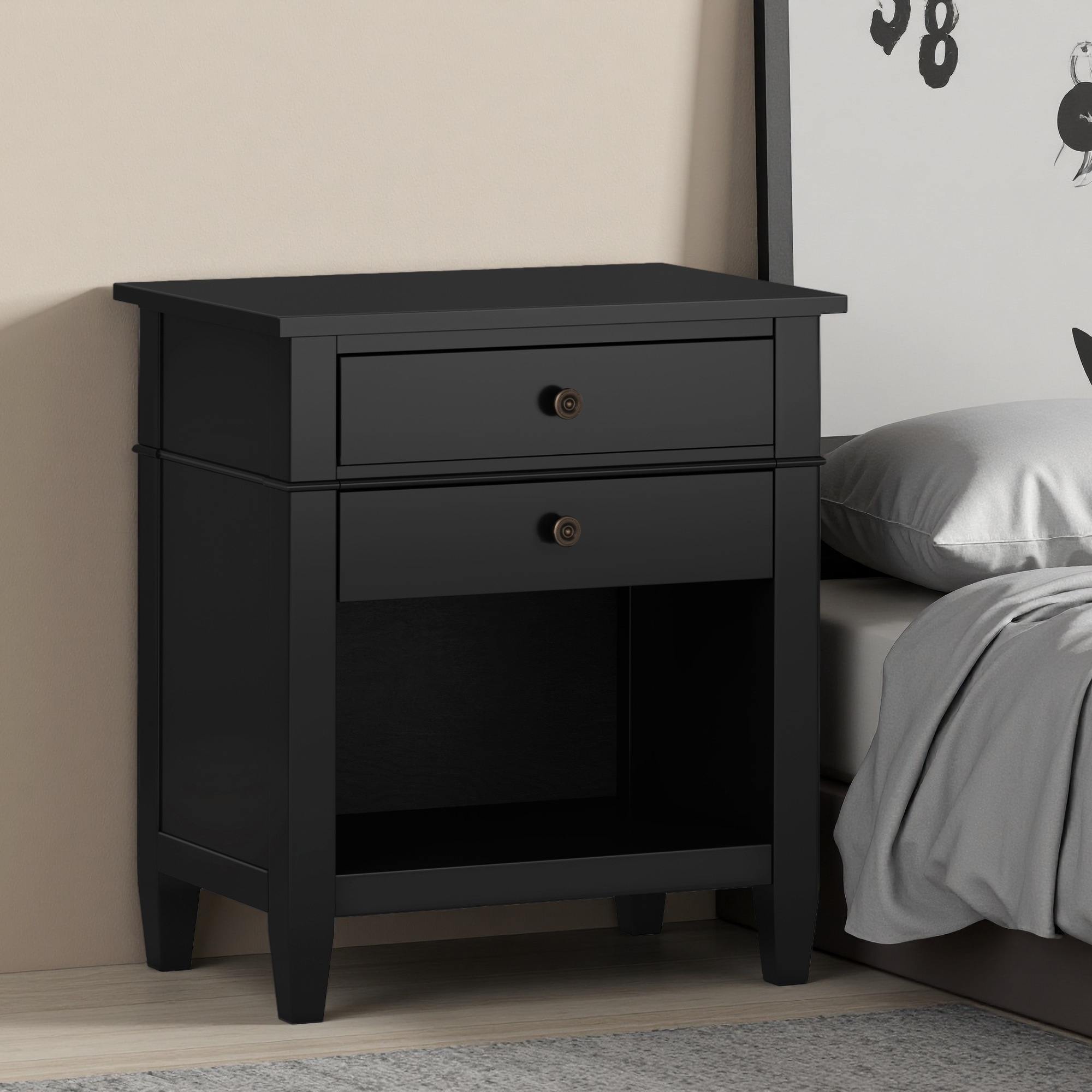 24"L Solid Wood Bedside Table, 2-Drawer Nightstand with Open Bottom Storage, Transitional Design