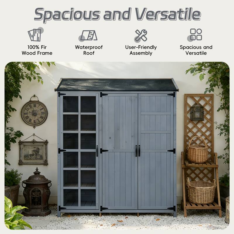 72" Large Patio Garden Shed with Waterproof Roof, Outdoor Storage Cabinet with Workstation & Hooks