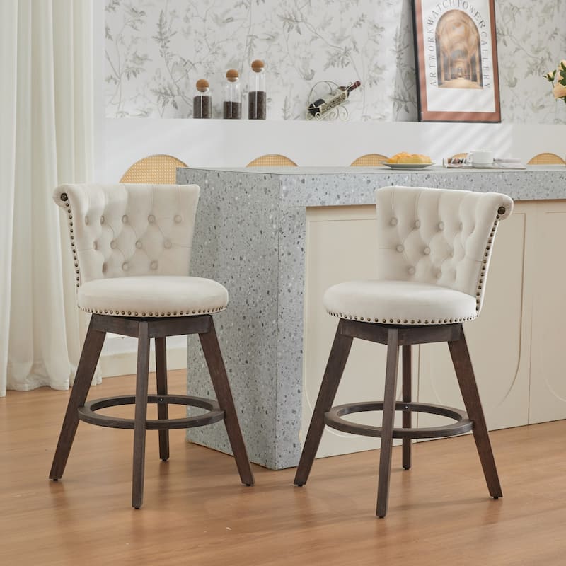 360° Swivel Bar Stools Set of 2 Velvet Upholstered Counter Stools for Kitchen with Tufted Button Back and Nailhead Trim