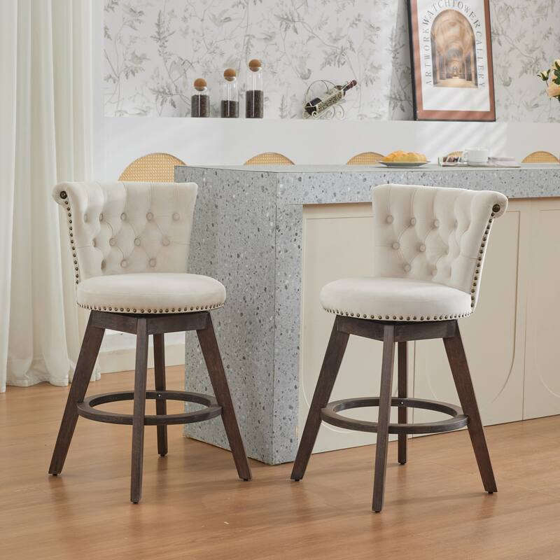 Set of 2 360° Swivel Velvet Bar Stools, 26" Counter Height with Tufted Button Back & Wood Legs - Beige