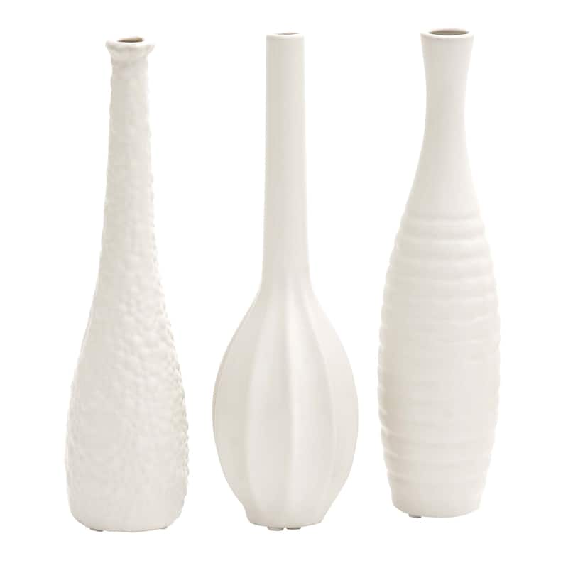Ceramic Slim Textured Bottleneck Vase with Varying Patterns - Set of 3 Silver, Gold, White - Roche River Decor