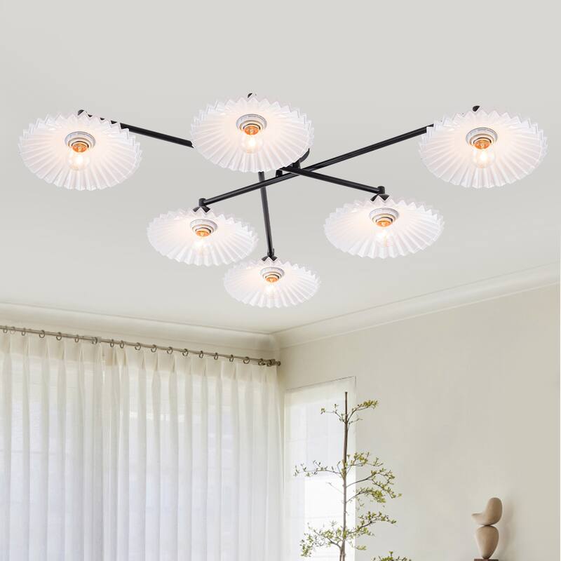 6-Light Matte Black Branch Flush Mount Ceiling Light with White Glass Shades - Dia.40.16-in - Dia.40.16-in