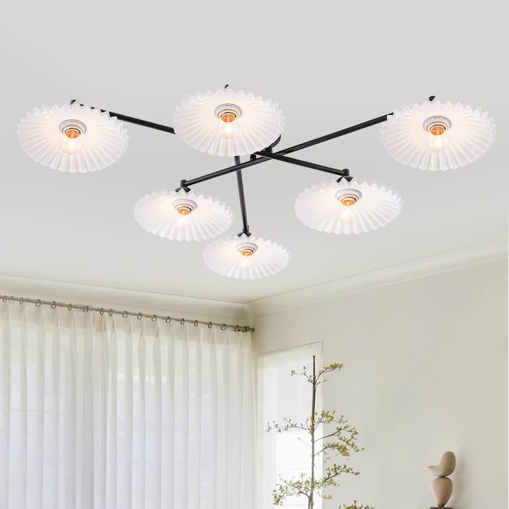 6-Light Matte Black Branch Flush Mount Ceiling Light with White Glass Shades - Dia.40.16-in