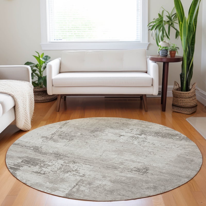 Machine Washable Indoor/ Outdoor Abstract Modern Chantille Rug - Beige - 8' x 8'
