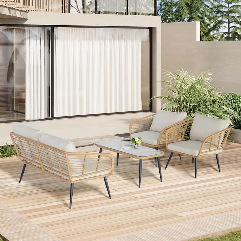 4-Piece Outdoor Patio Furniture Set with Cushions & Tempered Glass Table, Rattan Bistro Set for Garden, Porch, Backyard