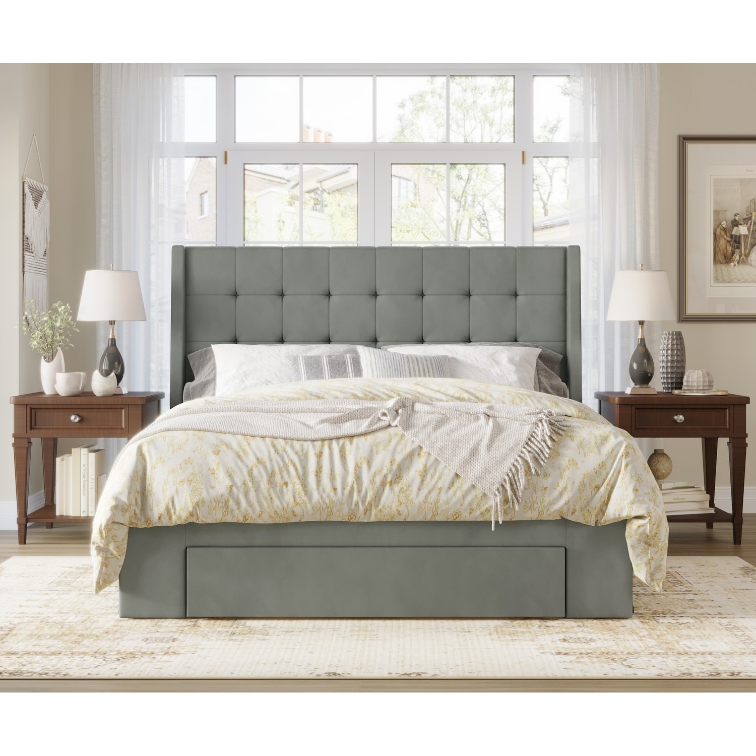 Tufted upholstered bed with storage sale