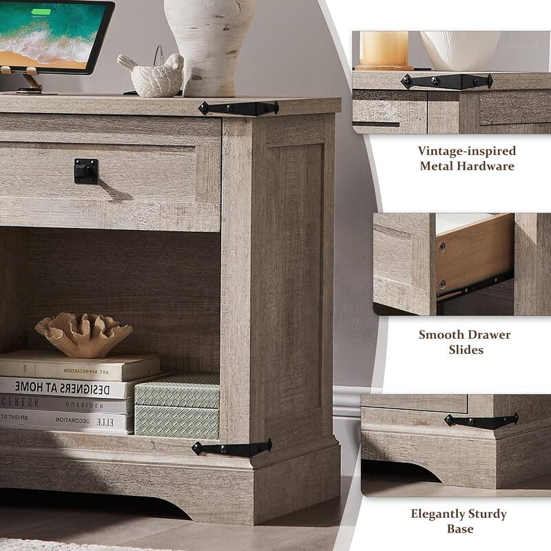 Farmhouse Nightstand with Charging Station，Beside Table for Bedroom