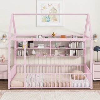 Metal House Bed Frame Kids Montessori Bed Floor Bed with Fence and Shelves for Kids Girls Boys