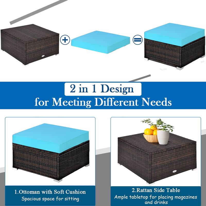 Costway 5PCS Patio Rattan Sectional Conversation Set Ottoman Turquoise - 5-Piece Sets