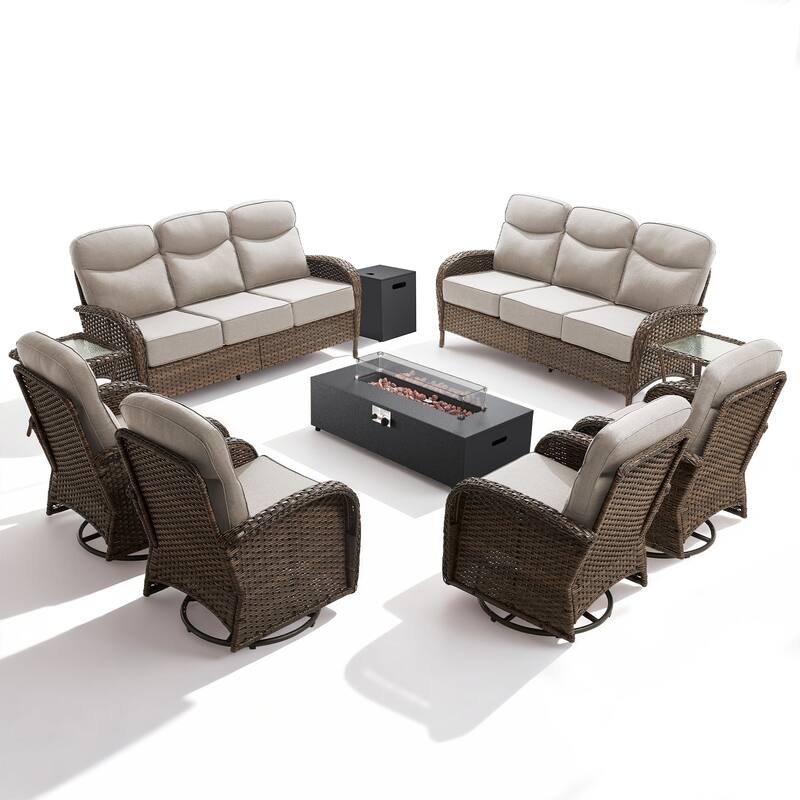Meyreso 9-Piece Wicker Outdoor Patio Fire Pit Sofa Set with 6-Inch Thick Cushions