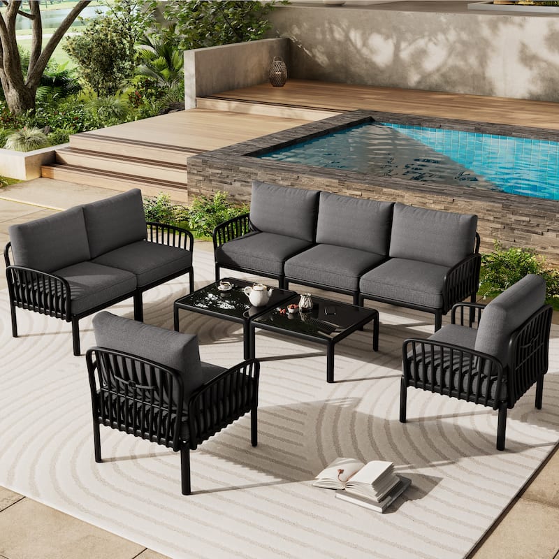 9 Piece Outdoor Sectional Furniture Set, Patio Conversation Sets with Two Square Coffee Table and Thick Cushion Deep Seat - Black+ Gray