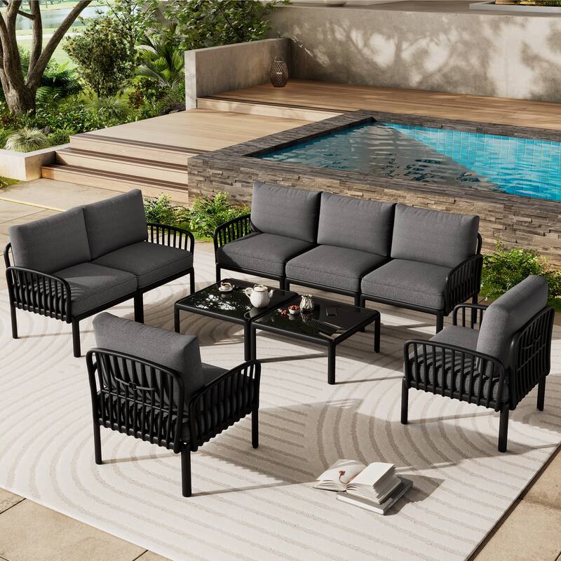 Christopher Knight Home - Ashton 5-Piece Outdoor Patio Sectional with Two Coffee Tables, Deep Seating and Plush Cushions - Black+Dark Gray