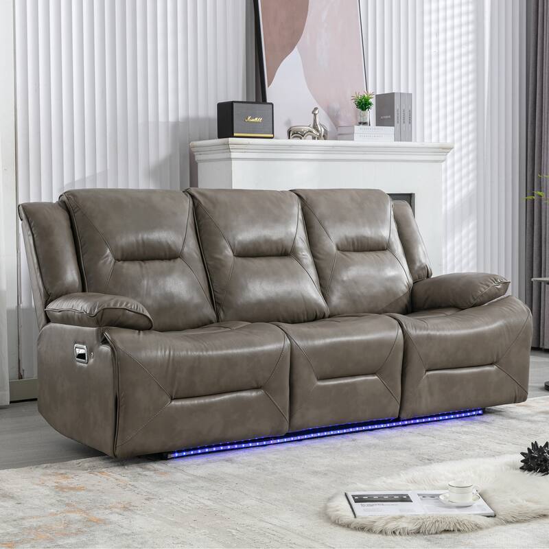 3 Seater Home Theater Recliner Manual Recliner Chair with a LED Light Strip Two Built-in Cup Holders - Grey
