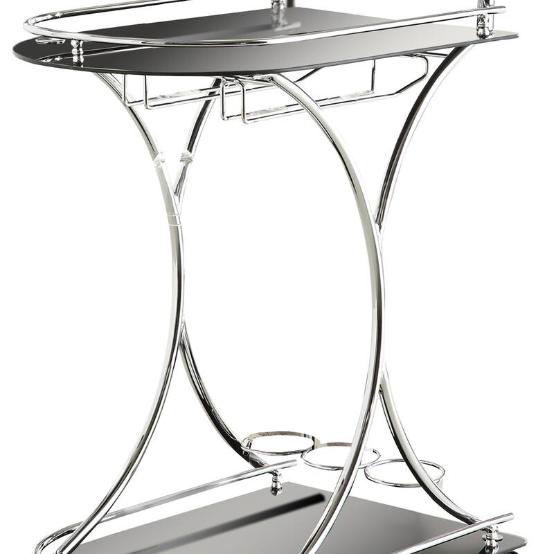 Dazzling Serving Cart With 2 Black Glass Shelves, Silver
