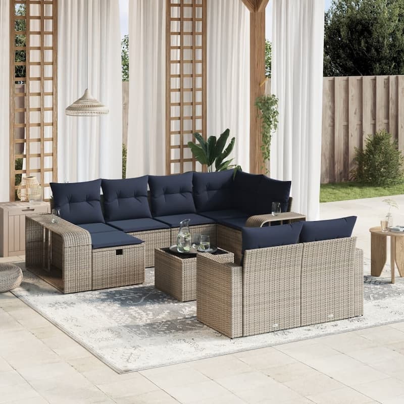 vidaXL Patio Sofa Set with Cushions Outdoor Conversation Furniture Poly Rattan - 21.7" x 24.4" x 27.2" - Gray with glass table