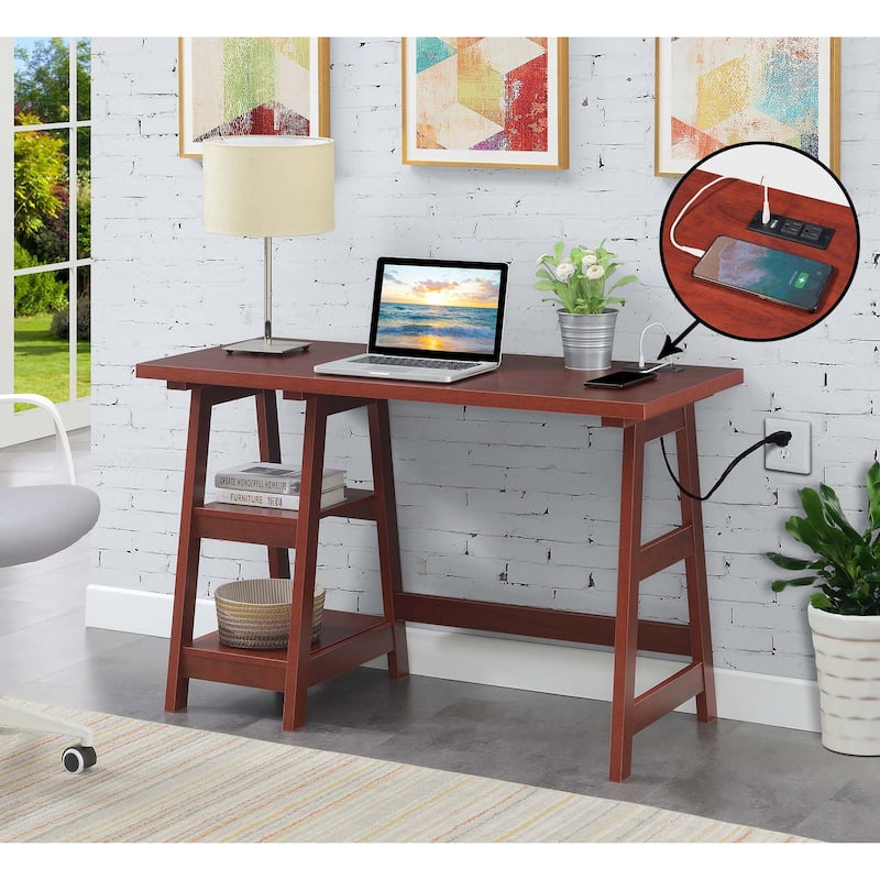 Convenience Concepts Designs2Go Trestle Desk with Charging Station and Shelves - Cherry