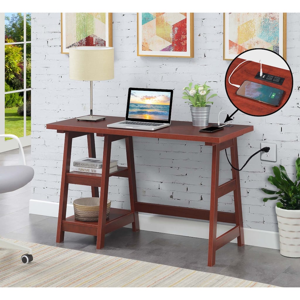Convenience Concepts Designs2Go Trestle Desk with Charging Station and Shelves