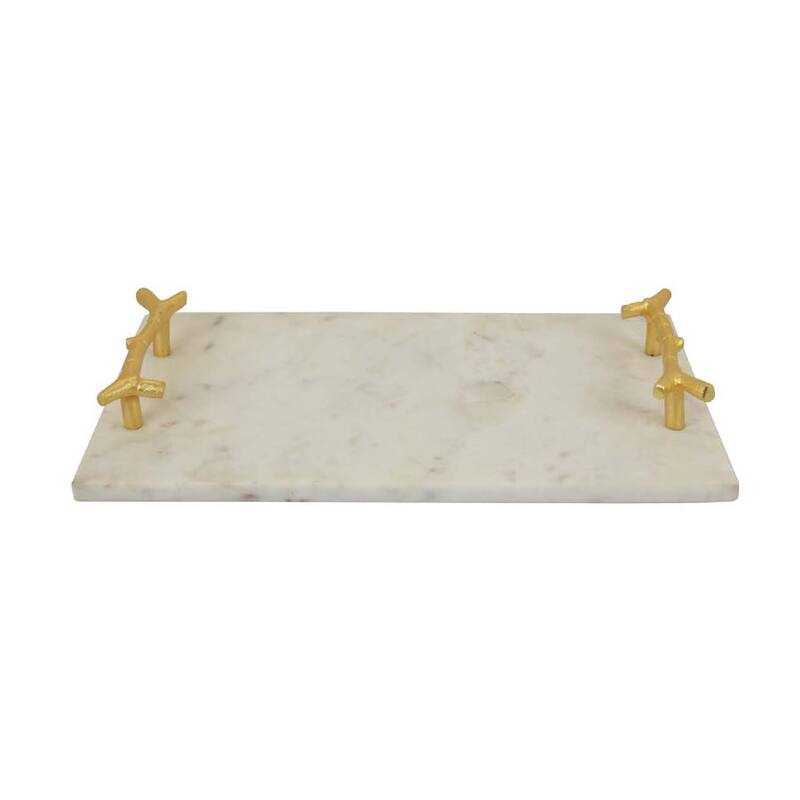 Pammy Decorative Tray, Gold Branch-Like Handles, White Marble 16 Inch