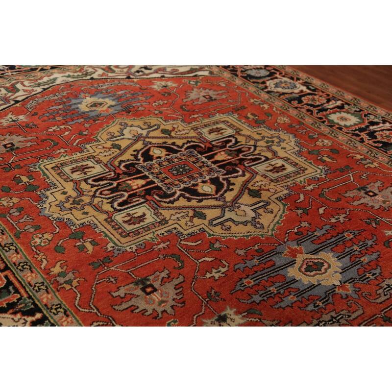 Geometric Heriz Serapi Indian Area Rug Handmade Orange Wool Carpet - 8'9"x 11'10"