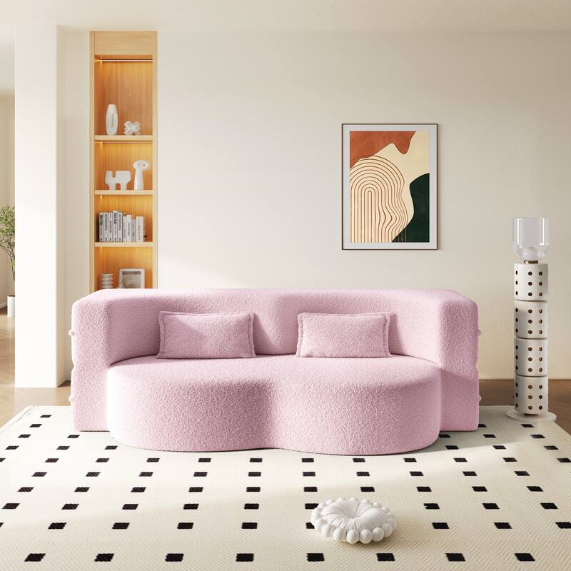 Modern Floor Sofa with 2 Pillows,Convertible Teddy Fabric Foam-Filled Sleeper Sofa Bed