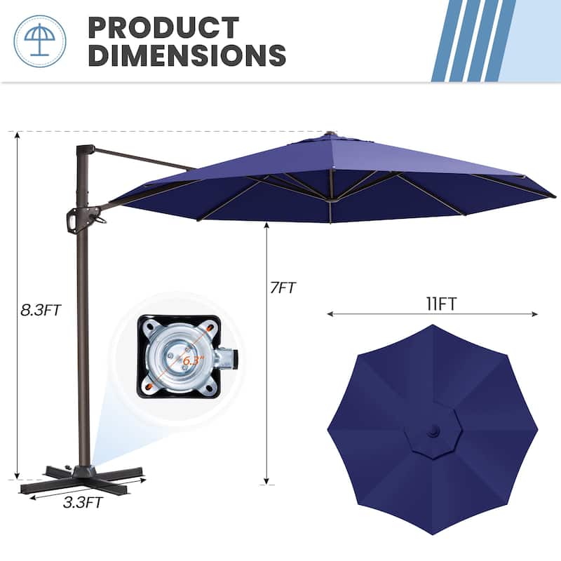 Outdoor 11 Ft Patio Cantilever Offset Umbrella with 360 Degree Rotation