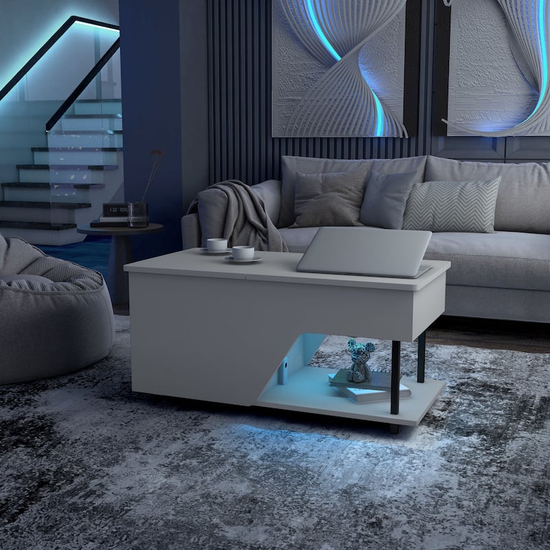 24/7 Shop At Home Modern 37-inch Lift-Top Coffee Table with 16 Colors LED Light and Adjustable Shelf