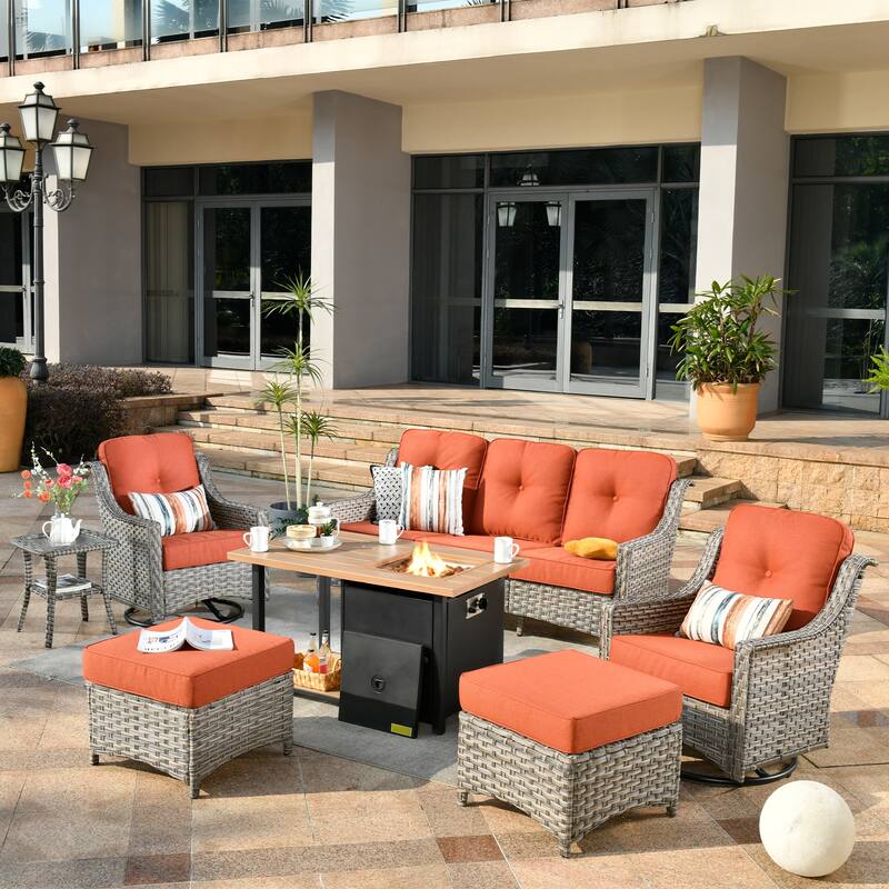 OVIOS 7 Pieces Outdoor Wicker Curved Swivel Chair Set With Fire Table