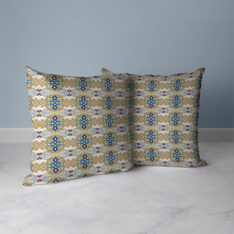 Beige And Blue Floral Elegance Indoor/Outdoor Throw Pillow Zipper