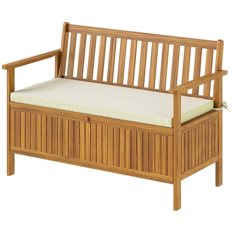 Teak-Cream White Acacia Wood Outdoor Bench with Cushion and Storage - 46.9" W x 24.6" D x 32.7" H - Teak-Cream White