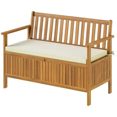 Teak-Cream White Acacia Wood Outdoor Bench with Cushion and Storage - 46.9" W x 24.6" D x 32.7" H