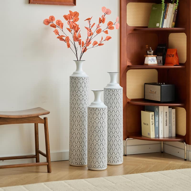 Floor Metal Vases Decorated White Metal Vases Set of 3 Gorgeous Home Decoration Large Glazed Metal Vases - White+Black