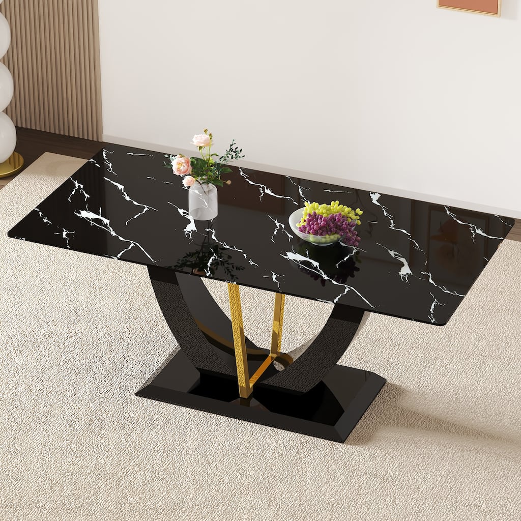 Modern minimalist and luxurious black imitation marble texture dining table rectangular office desk. Game desk