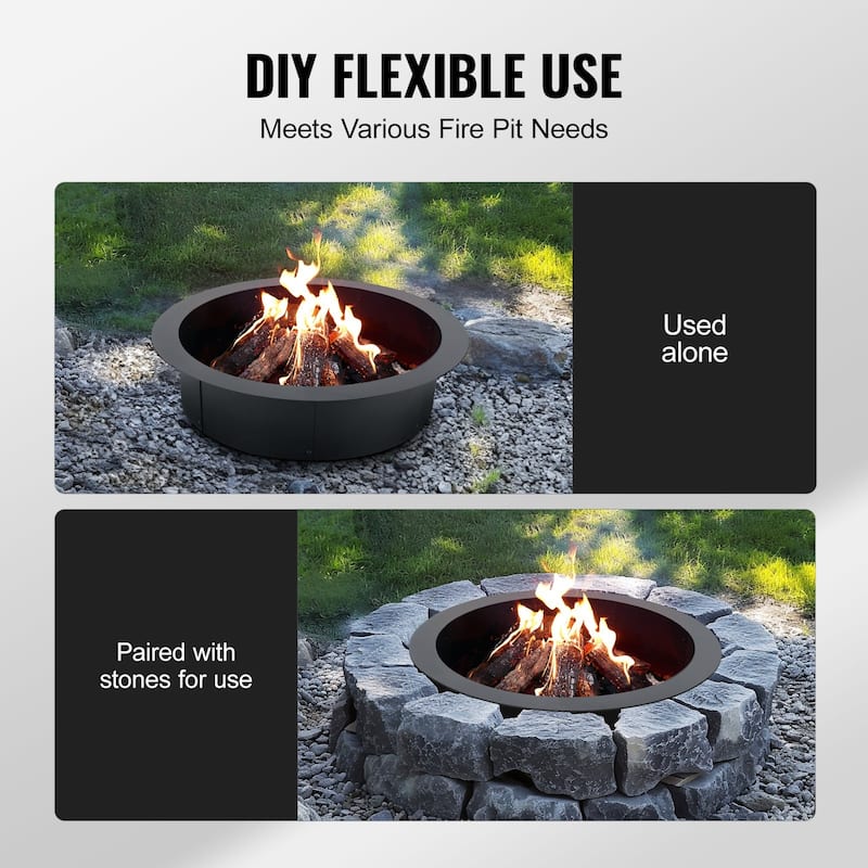 Black Carbon Steel Round Ring Fire Pit Perfect for Outdoor Special Events or Holiday Gatherings