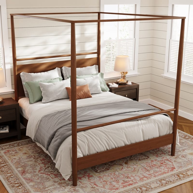 Walnut Wooden Canopy Bed Frame Panel Wingback Bed Four Posters Bed with Complete Roller Track on The Top No Box Spring Needed