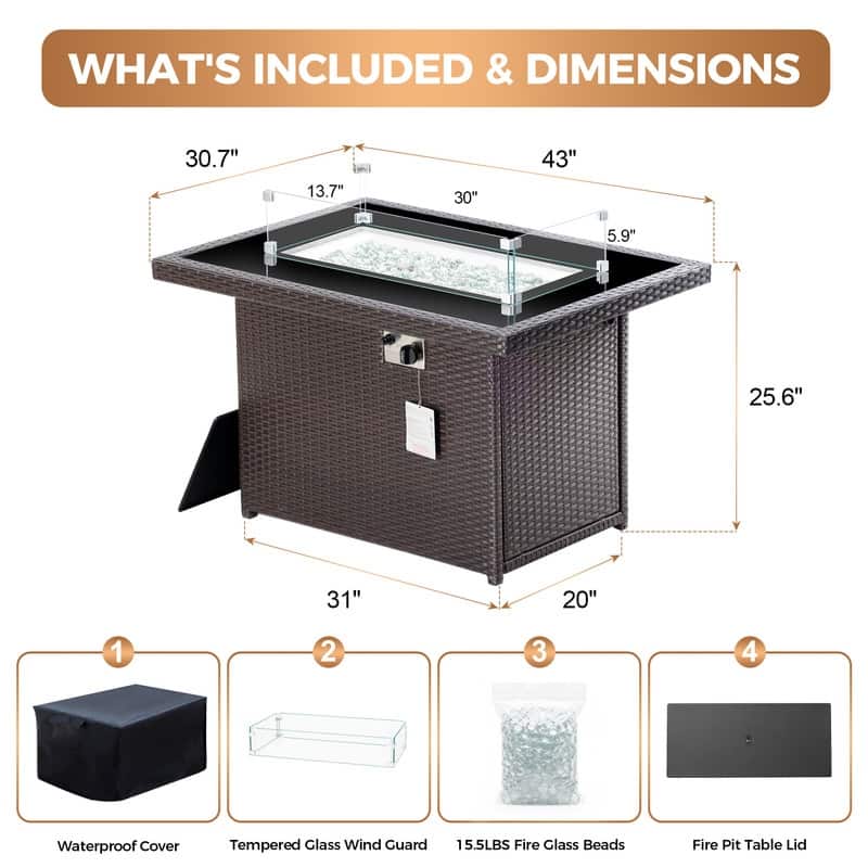 43" Wicker Outdoor Propane Fire Pit Table, 60,000 BTU, Wind Guard