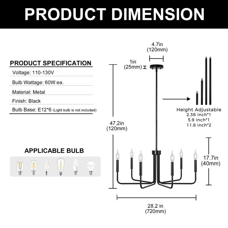 YANSUN 6-Light Black Branch Chandelier, E12 Base, Round Rod Design, No Bulbs